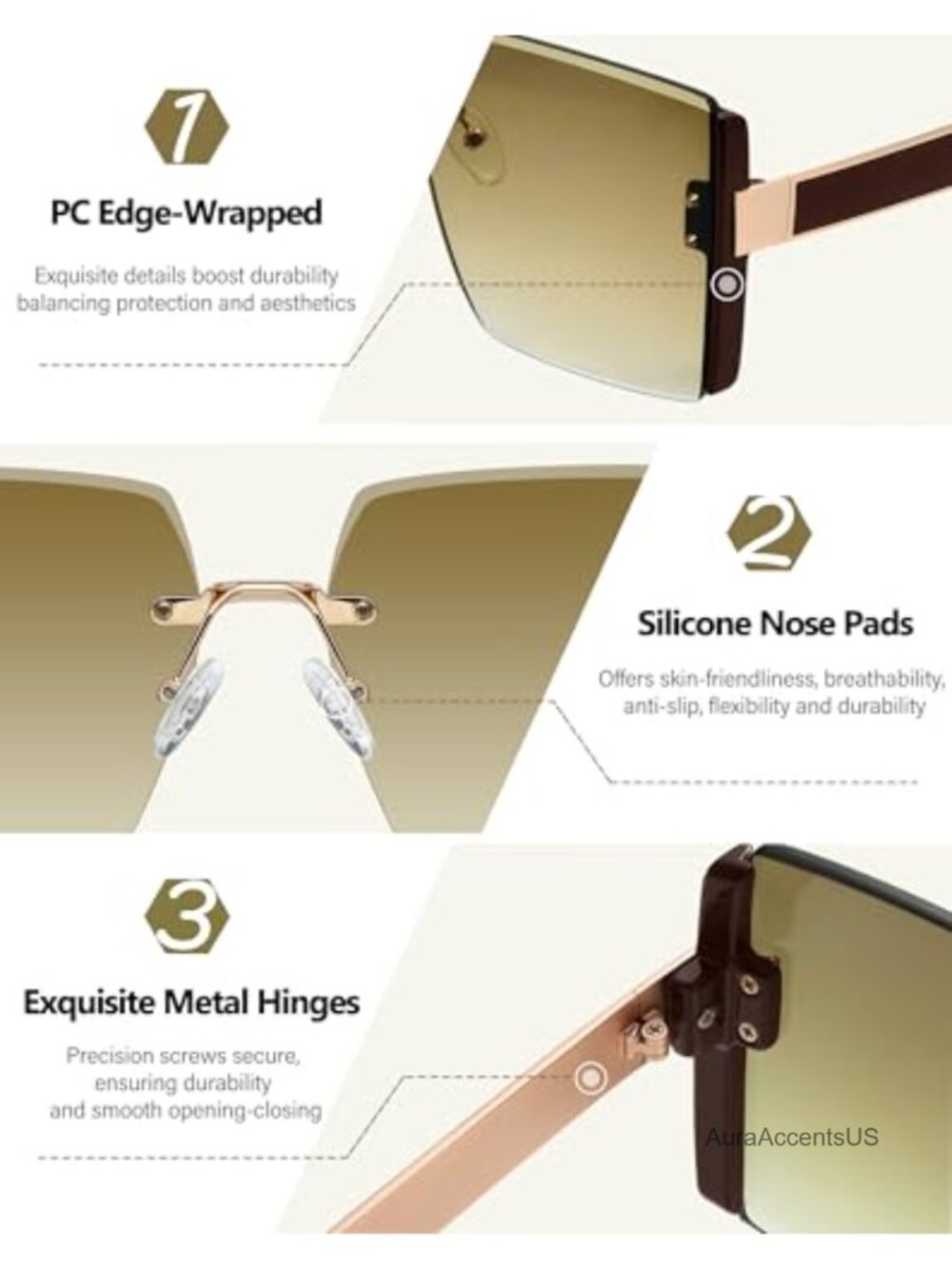 Oversized Rimless Square Sunglasses UV400 Protection Gradient Lens - Picture 2 of 6